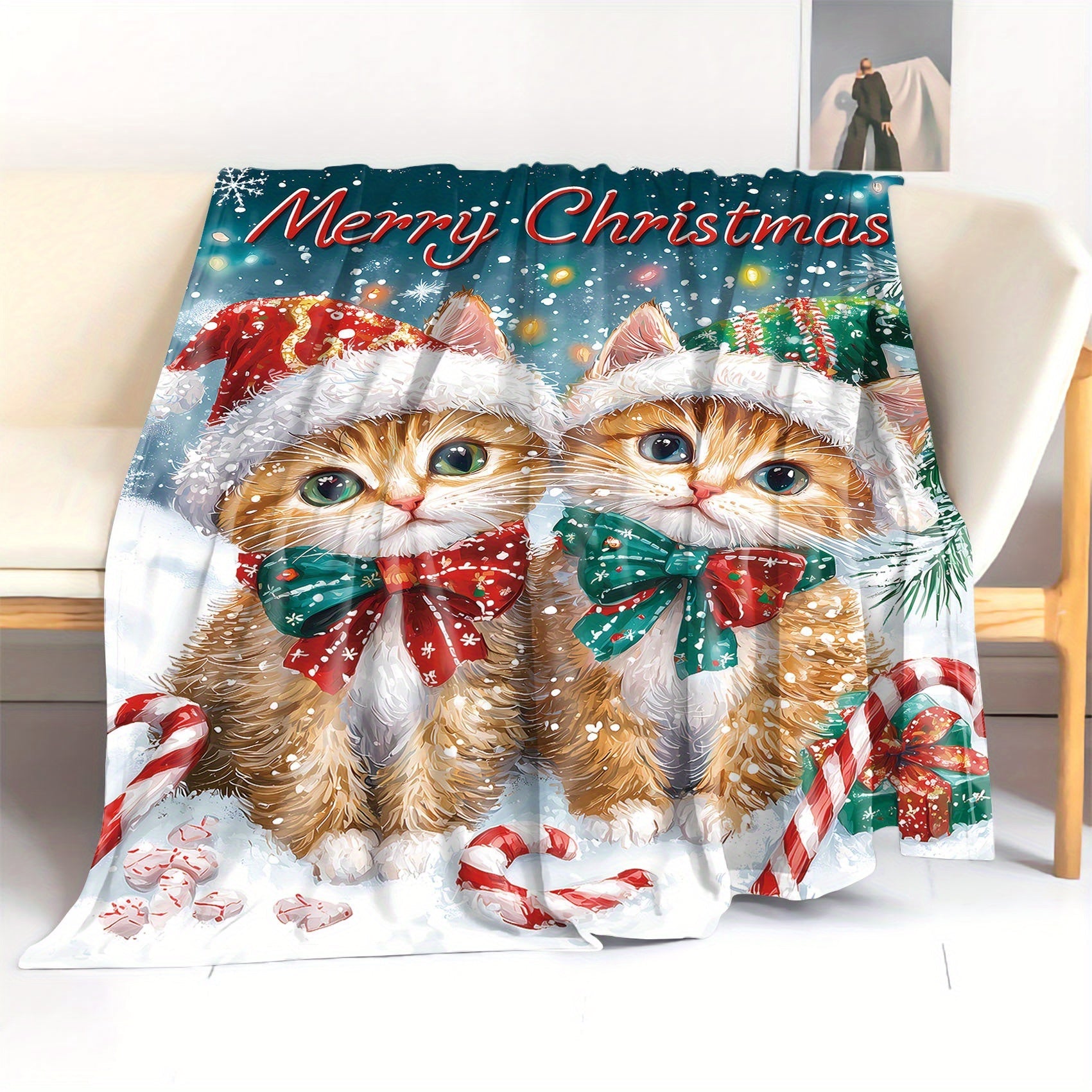 Christmas Flannel Throw Blanket with Cats Santa Hat Digital Print Lightweight Polyester Cozy Sofa Bed Cover