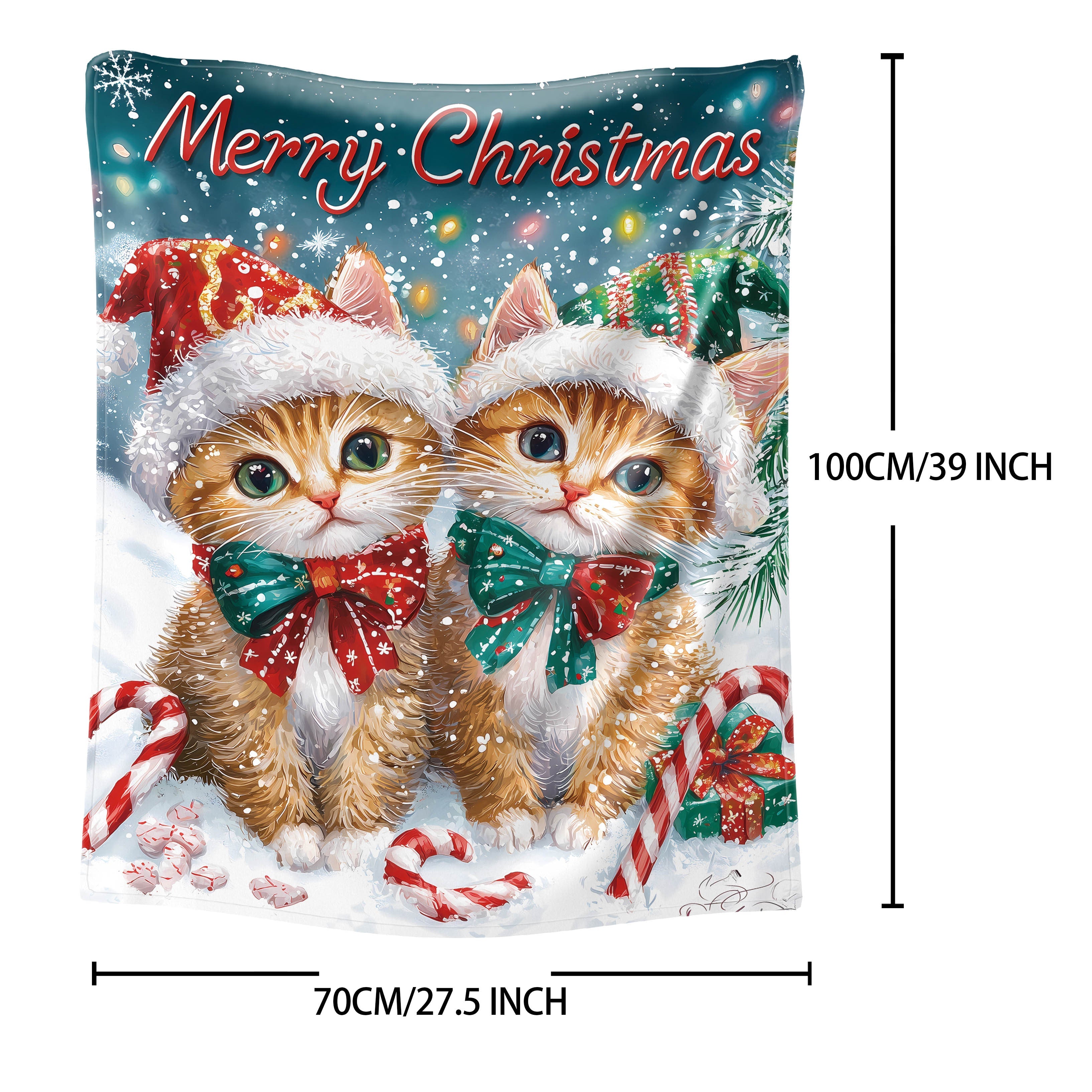 Christmas Flannel Throw Blanket with Cats Santa Hat Digital Print Lightweight Polyester Cozy Sofa Bed Cover
