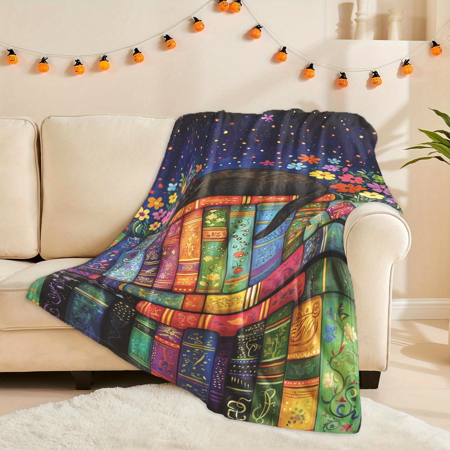 Flannel Throw Blanket Black Cat and Flower Pattern Polyester Quilted Warm All Seasons