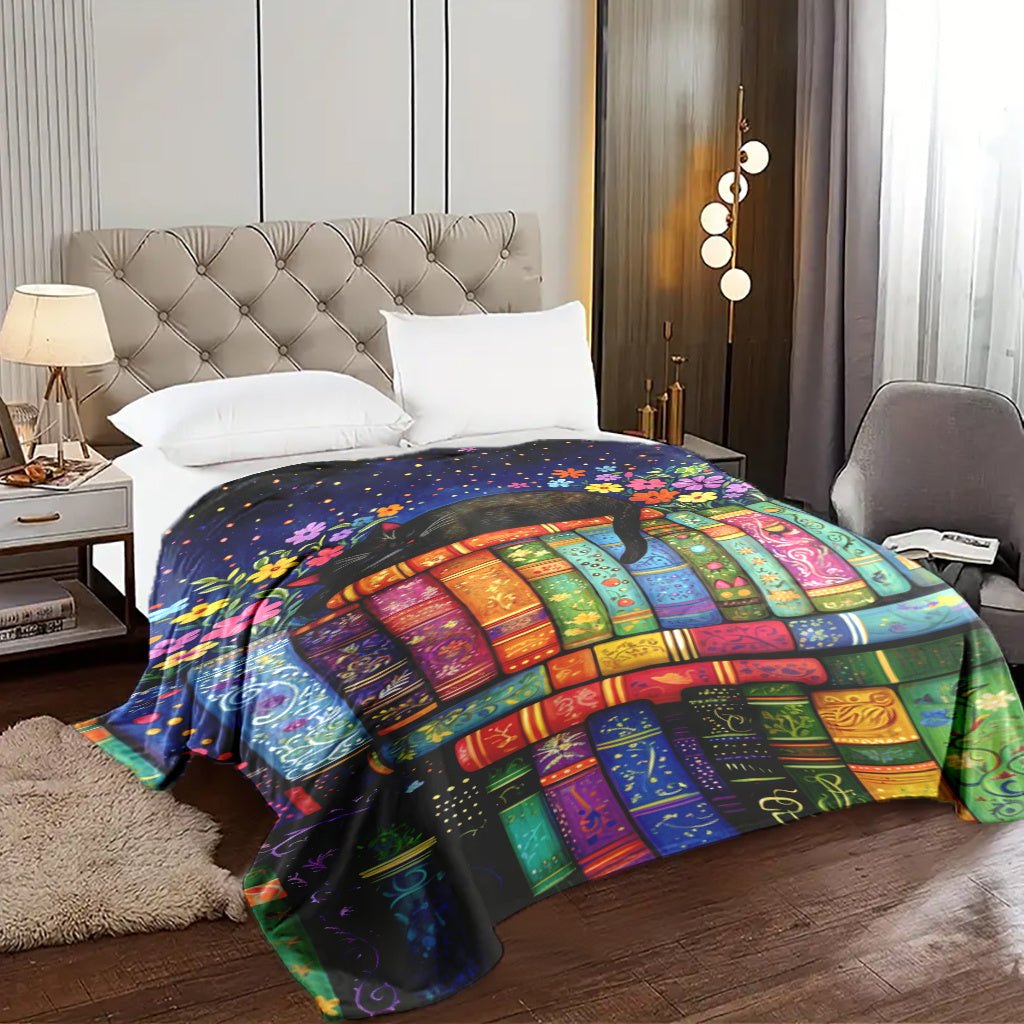 Flannel Throw Blanket Black Cat and Flower Pattern Polyester Quilted Warm All Seasons