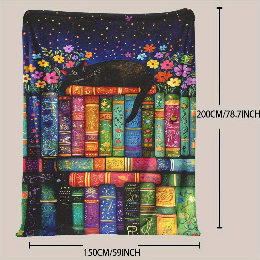 Flannel Throw Blanket Black Cat and Flower Pattern Polyester Quilted Warm All Seasons