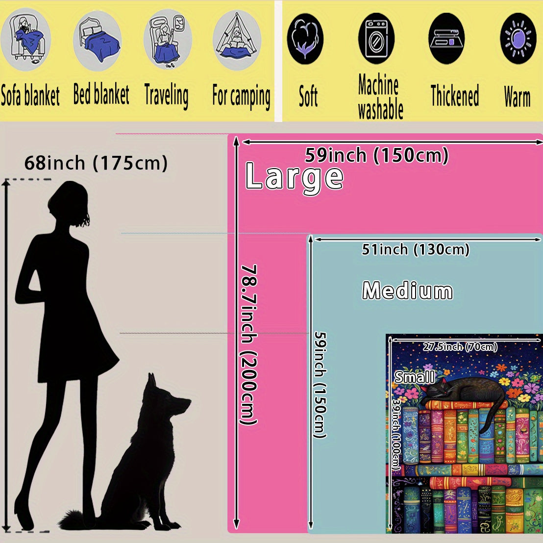 Flannel Throw Blanket Black Cat and Flower Pattern Polyester Quilted Warm All Seasons