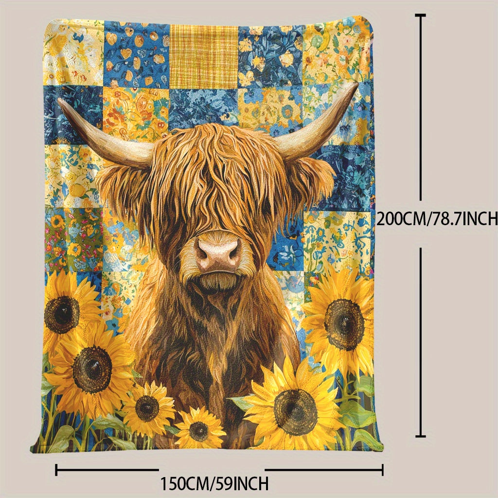 Sunflowers and Highland Cattle Print Knitted Polyester Fleece Blanket Multi-Color Soft Warm