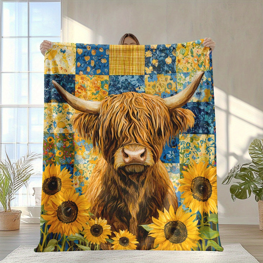 Sunflowers and Highland Cattle Print Knitted Polyester Fleece Blanket Multi-Color Soft Warm