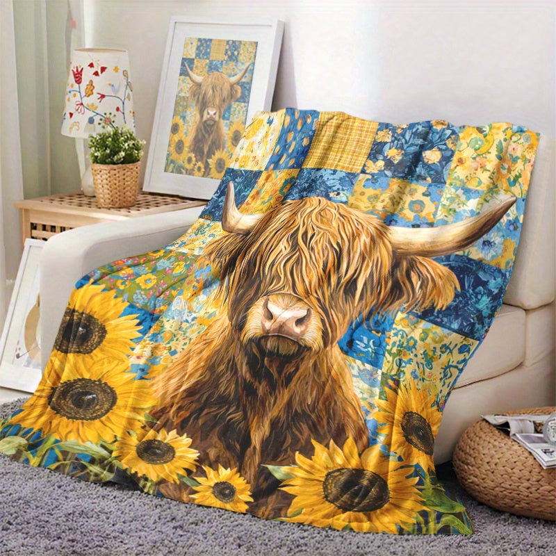 Sunflowers and Highland Cattle Print Knitted Polyester Fleece Blanket Multi-Color Soft Warm
