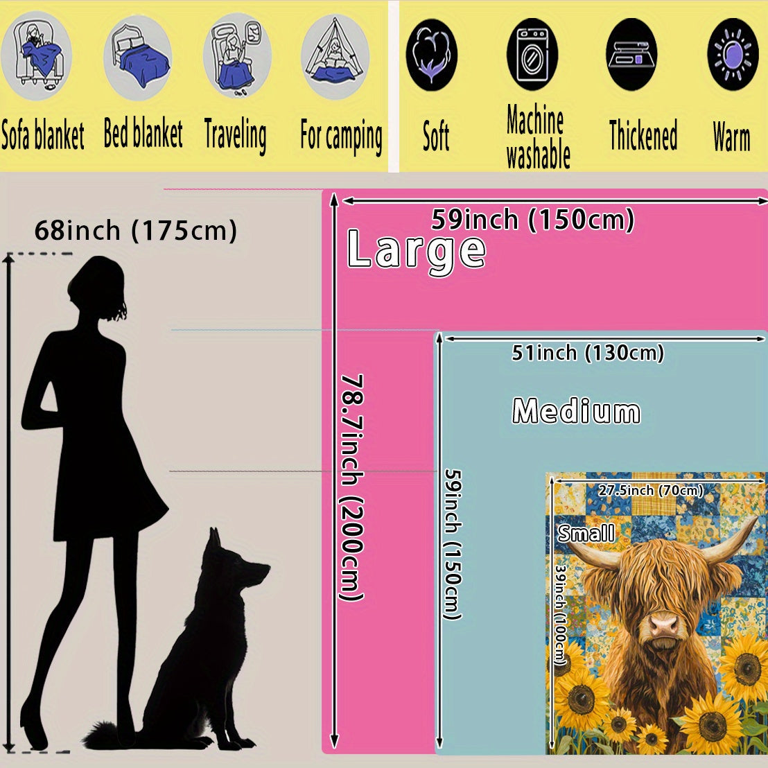Sunflowers and Highland Cattle Print Knitted Polyester Fleece Blanket Multi-Color Soft Warm