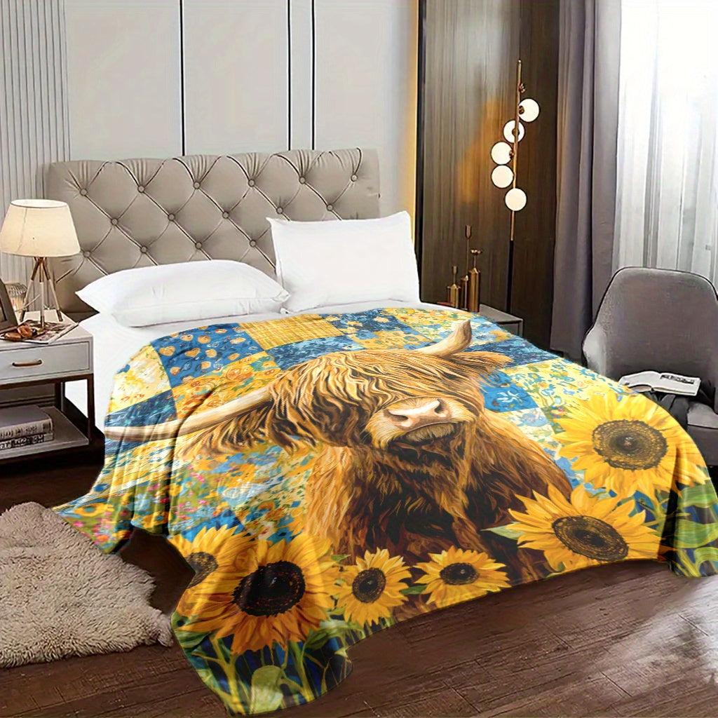 Sunflowers and Highland Cattle Print Knitted Polyester Fleece Blanket Multi-Color Soft Warm