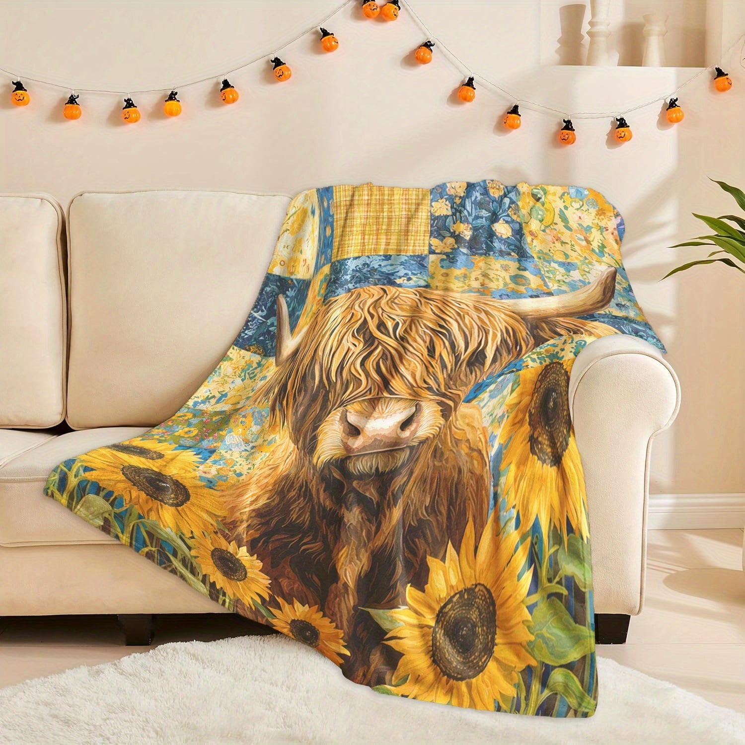 Sunflowers and Highland Cattle Print Knitted Polyester Fleece Blanket Multi-Color Soft Warm