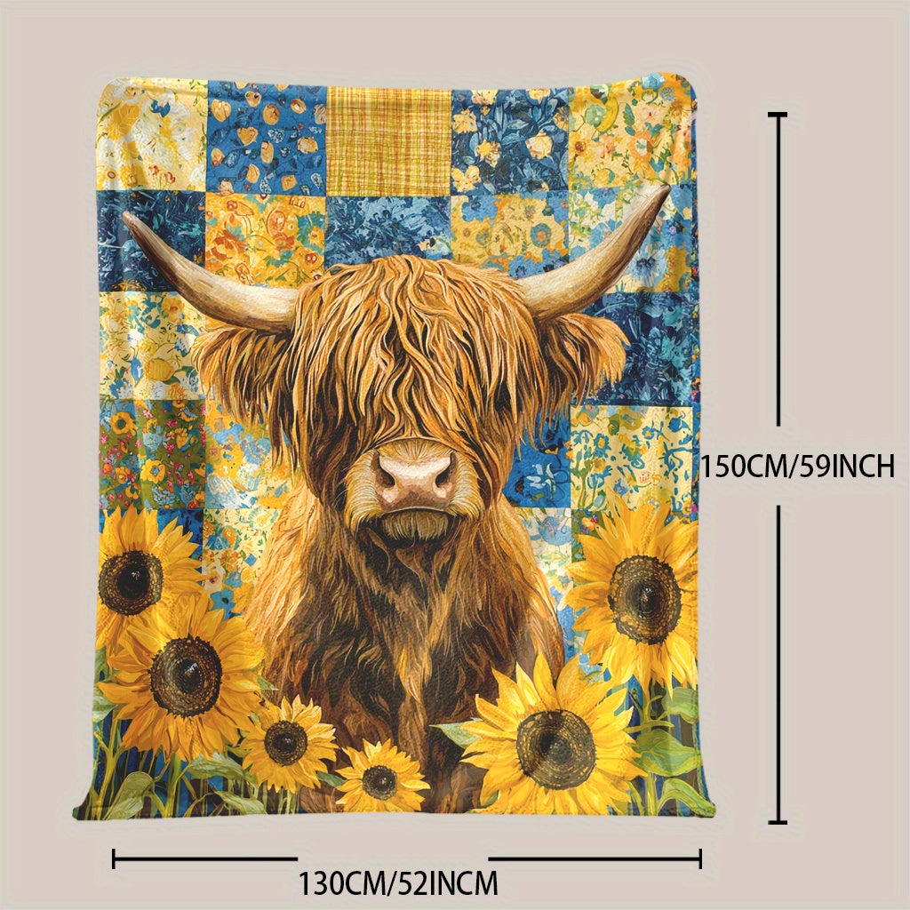 Sunflowers and Highland Cattle Print Knitted Polyester Fleece Blanket Multi-Color Soft Warm