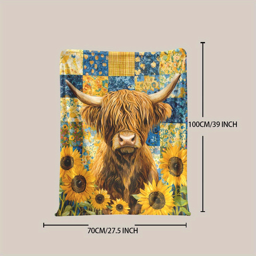 Sunflowers and Highland Cattle Print Knitted Polyester Fleece Blanket Multi-Color Soft Warm