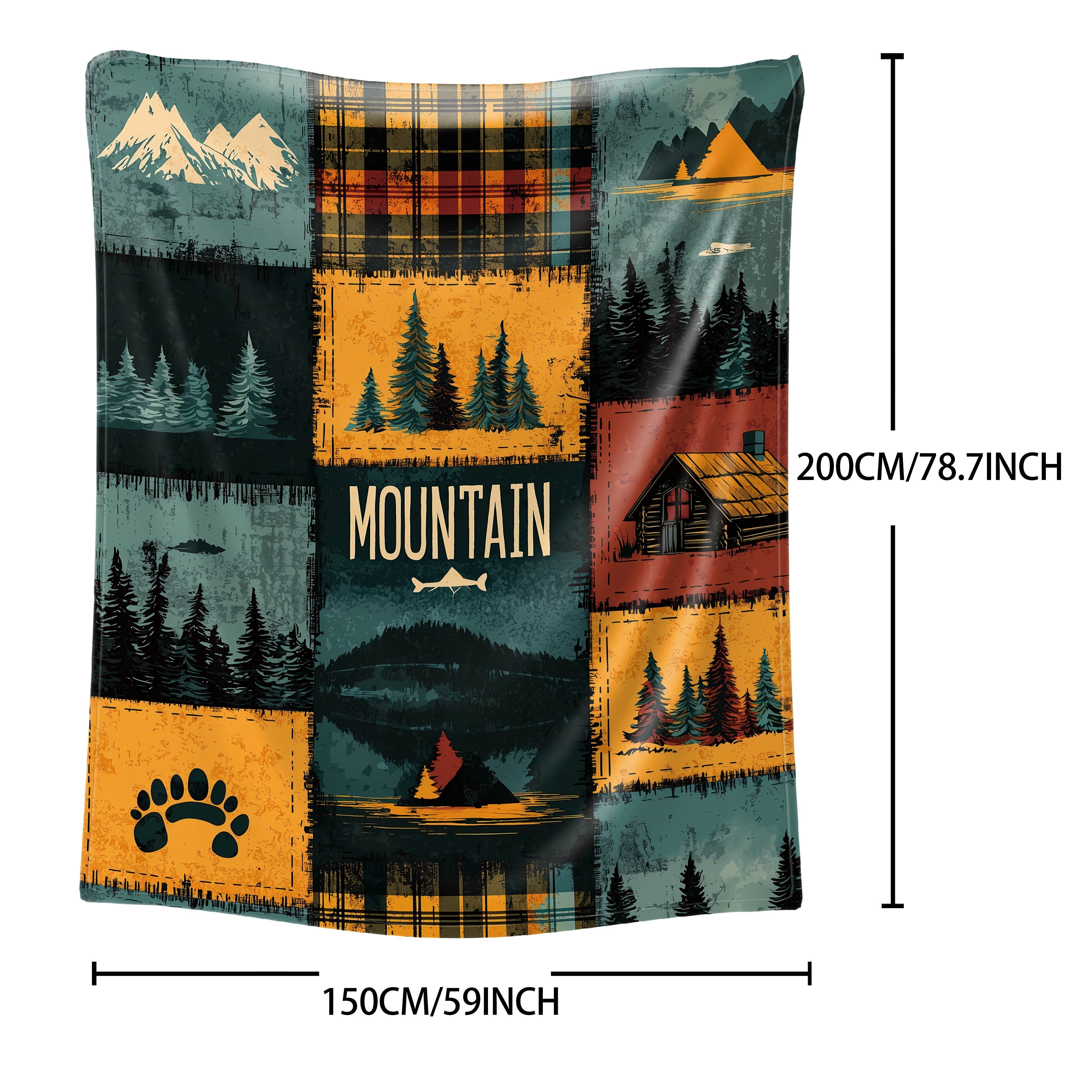 Polyester Knit Throw Blanket with Mountain and Forest Patchwork Design for Bed Sofa Camping