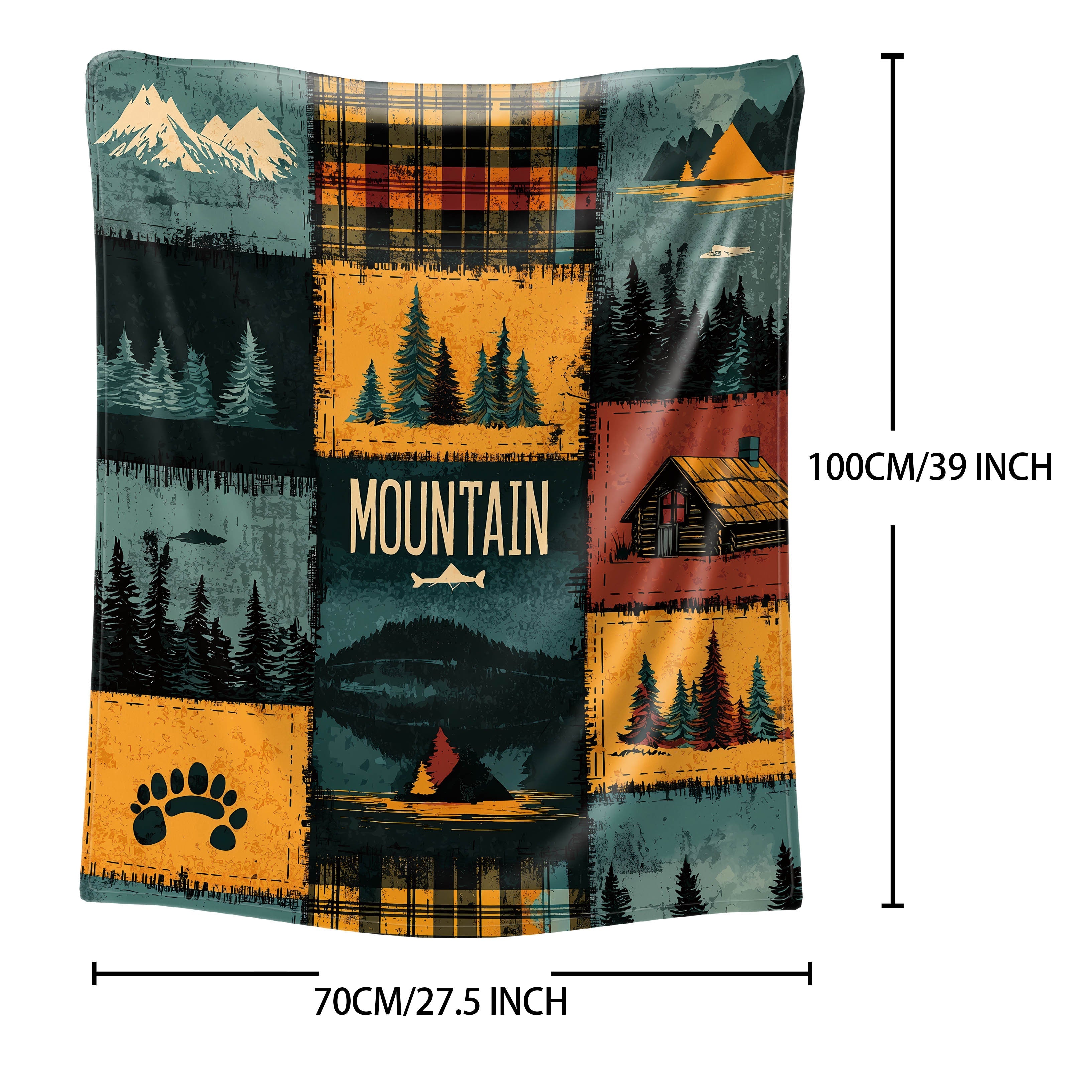 Polyester Knit Throw Blanket with Mountain and Forest Patchwork Design for Bed Sofa Camping