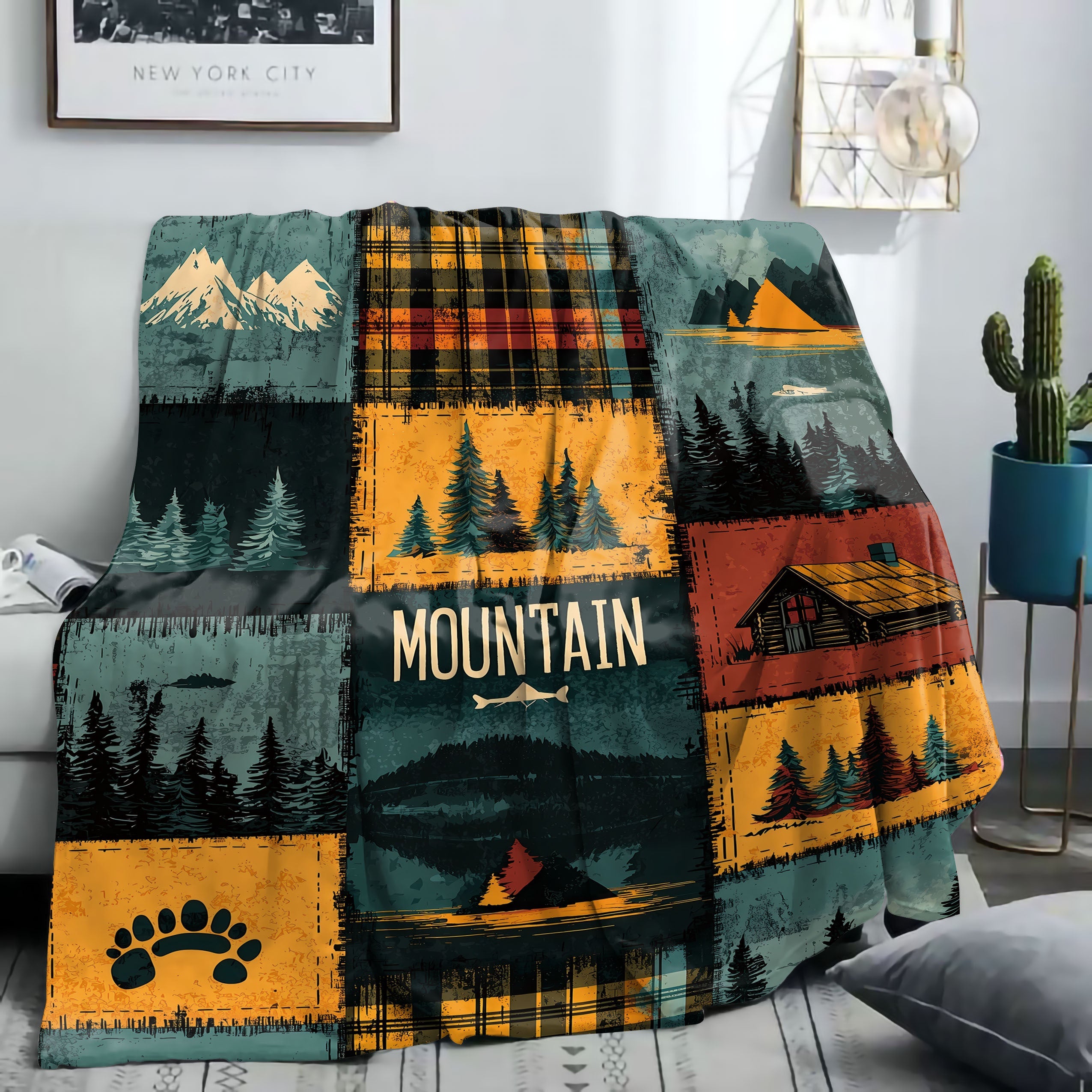 Polyester Knit Throw Blanket with Mountain and Forest Patchwork Design for Bed Sofa Camping