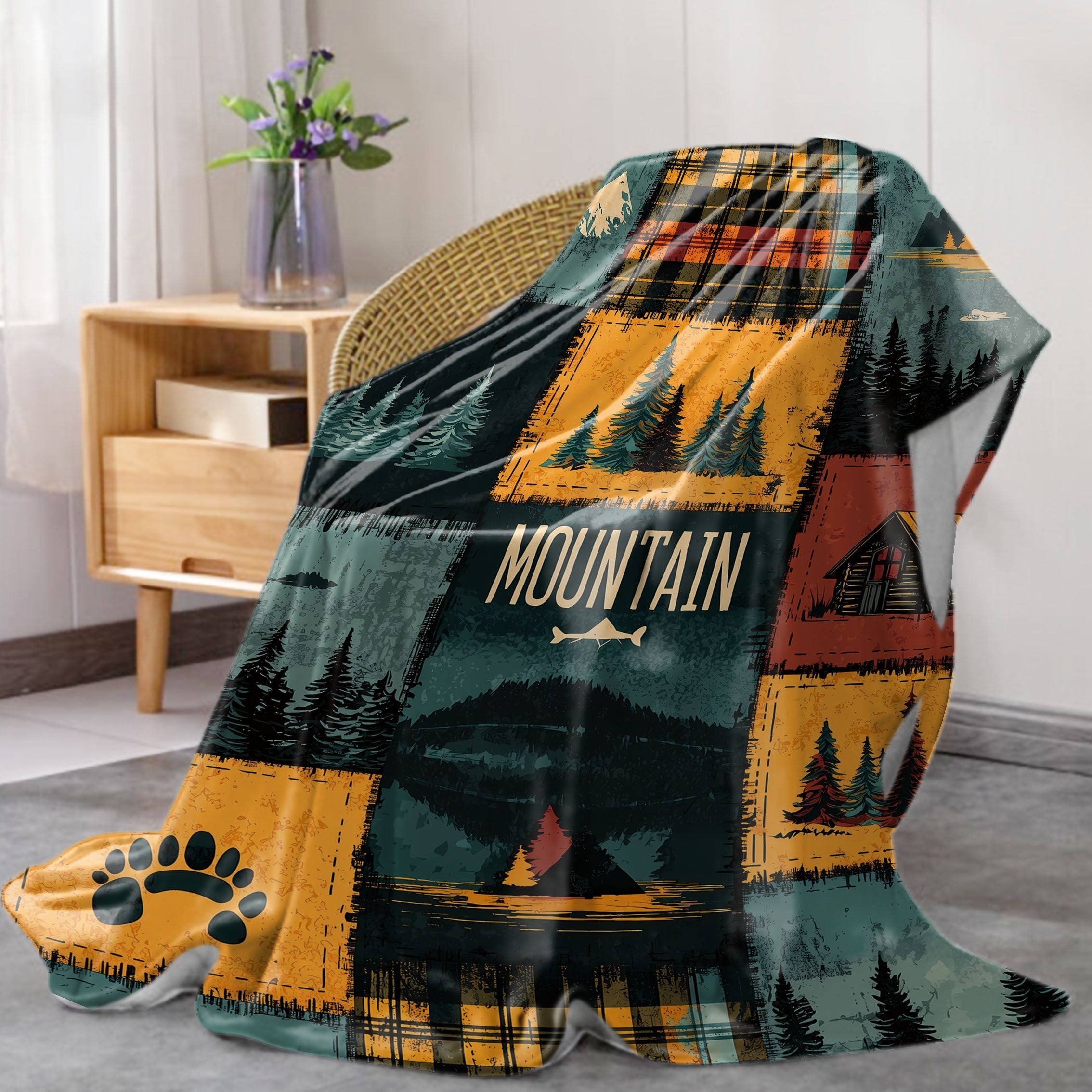 Polyester Knit Throw Blanket with Mountain and Forest Patchwork Design for Bed Sofa Camping