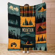 Polyester Knit Throw Blanket with Mountain and Forest Patchwork Design for Bed Sofa Camping