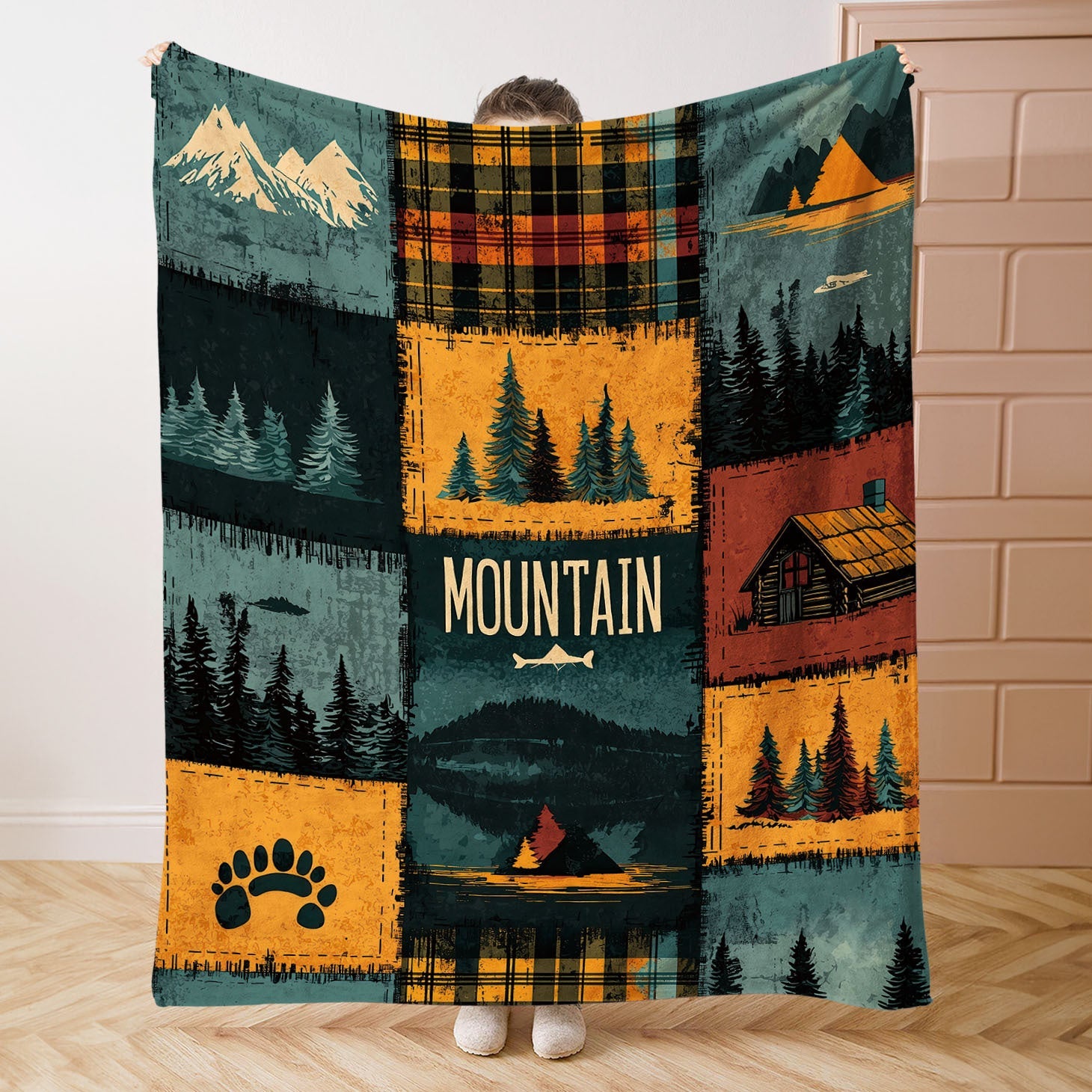 Polyester Knit Throw Blanket with Mountain and Forest Patchwork Design for Bed Sofa Camping