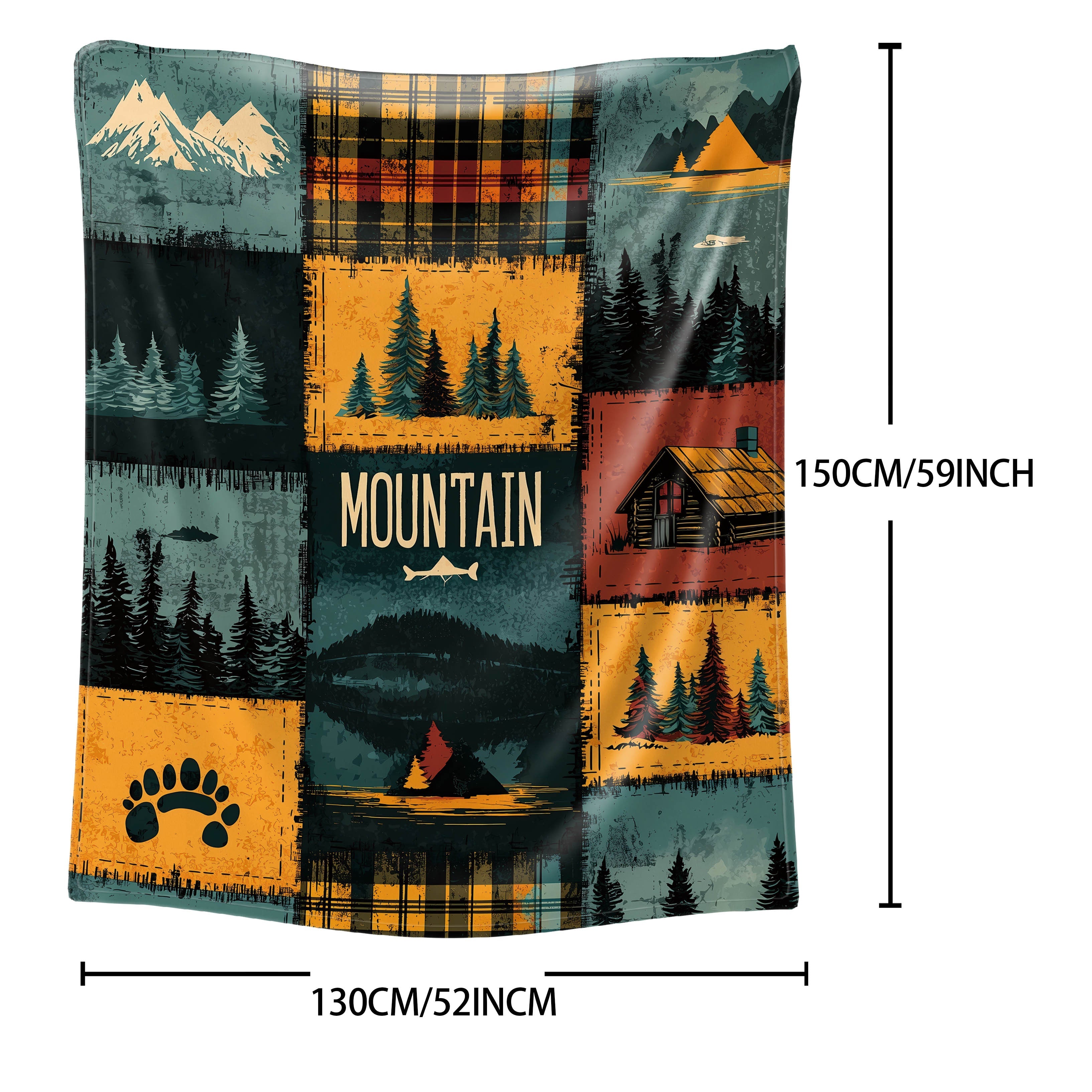 Polyester Knit Throw Blanket with Mountain and Forest Patchwork Design for Bed Sofa Camping