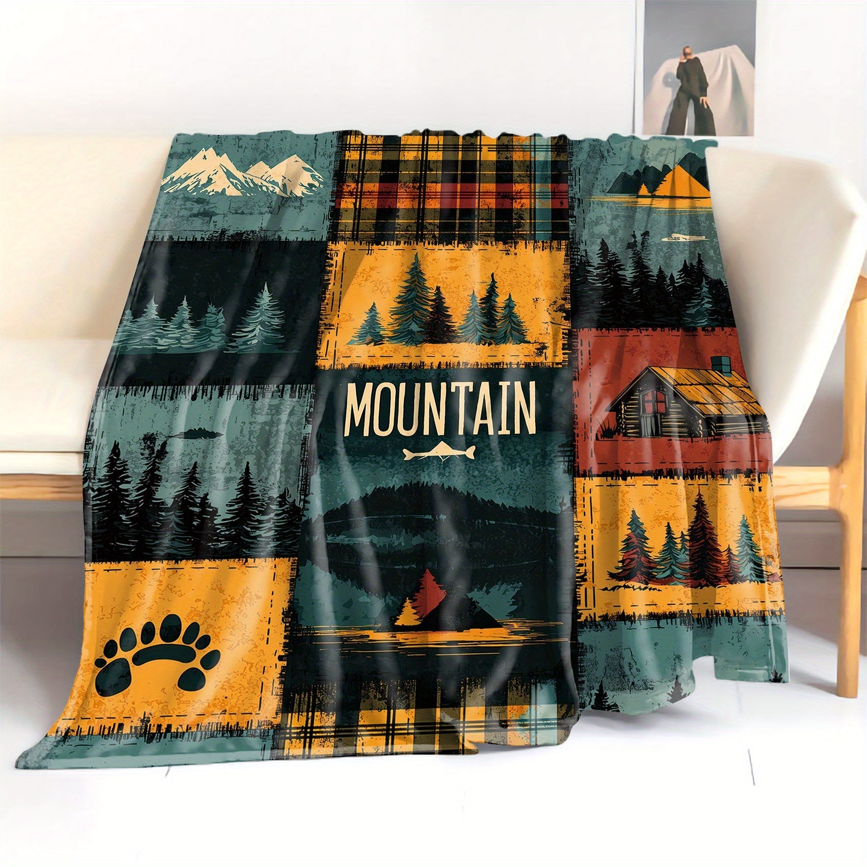 Polyester Knit Throw Blanket with Mountain and Forest Patchwork Design for Bed Sofa Camping