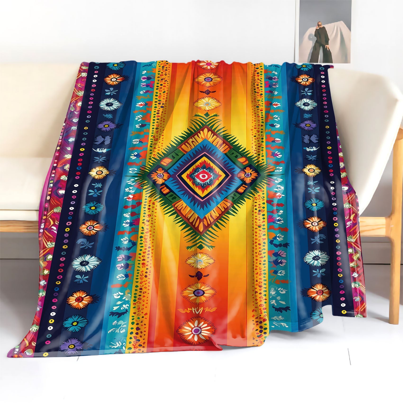 Guatemalan Mayan Print Flannel Blanket Soft Polyester Throw Multi-Color Stripes All-Season Lightweight