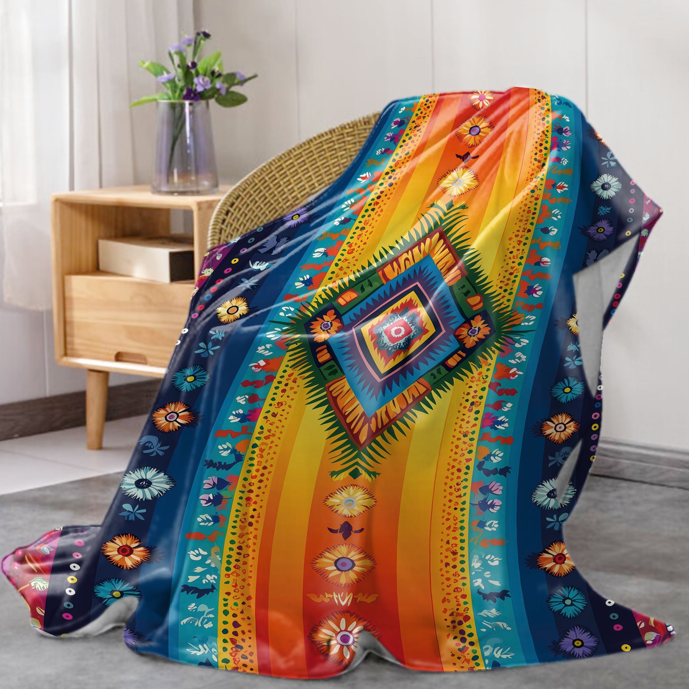 Guatemalan Mayan Print Flannel Blanket Soft Polyester Throw Multi-Color Stripes All-Season Lightweight