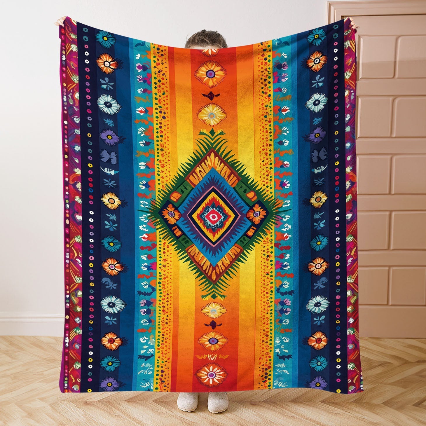 Guatemalan Mayan Print Flannel Blanket Soft Polyester Throw Multi-Color Stripes All-Season Lightweight