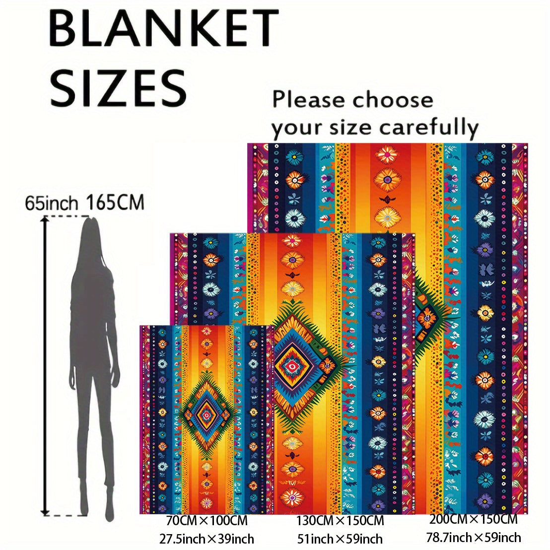 Guatemalan Mayan Print Flannel Blanket Soft Polyester Throw Multi-Color Stripes All-Season Lightweight