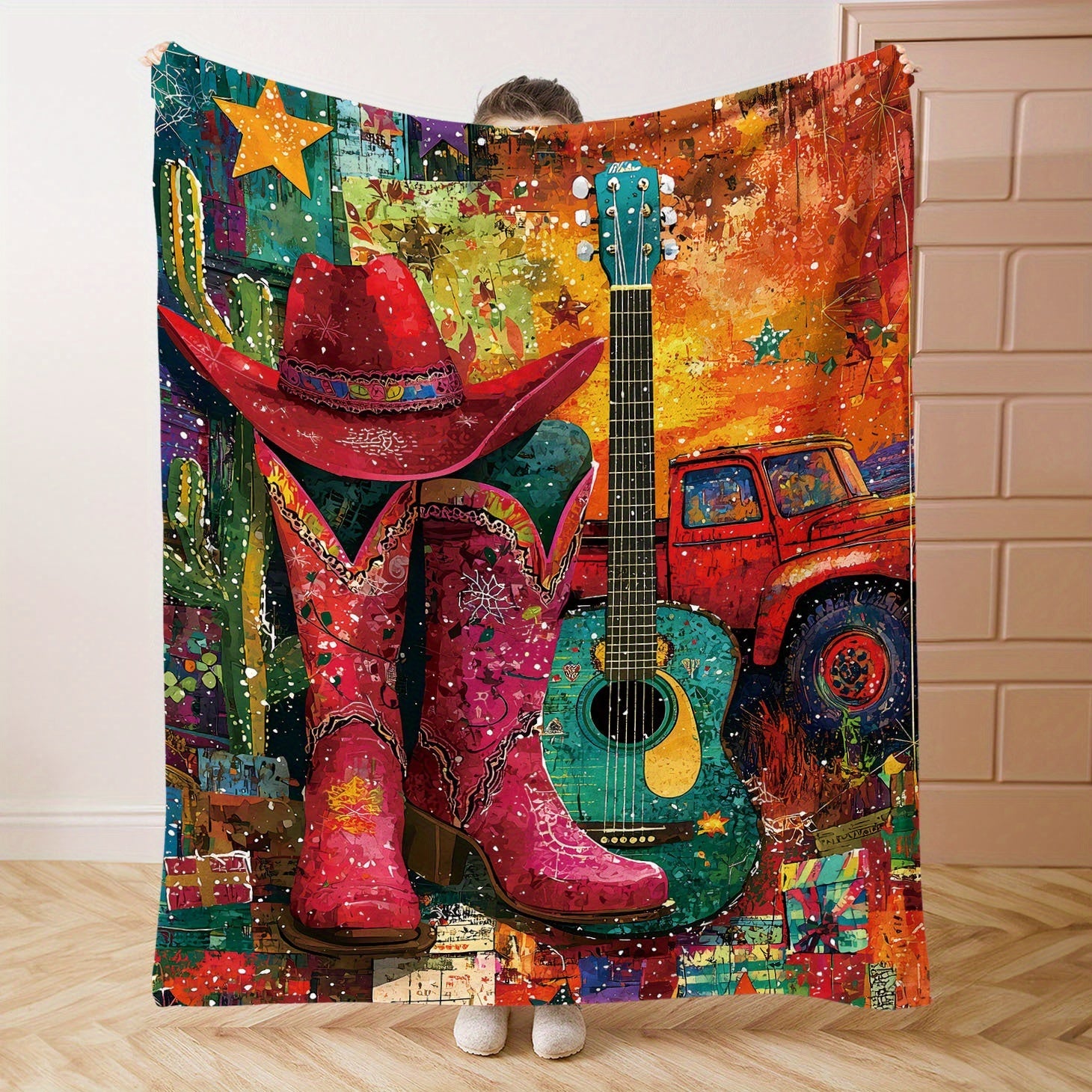 Flannel Throw Blanket with Western Cowboy Design Polyester Digital Print All-Season Cozy Bed Sofa Camping