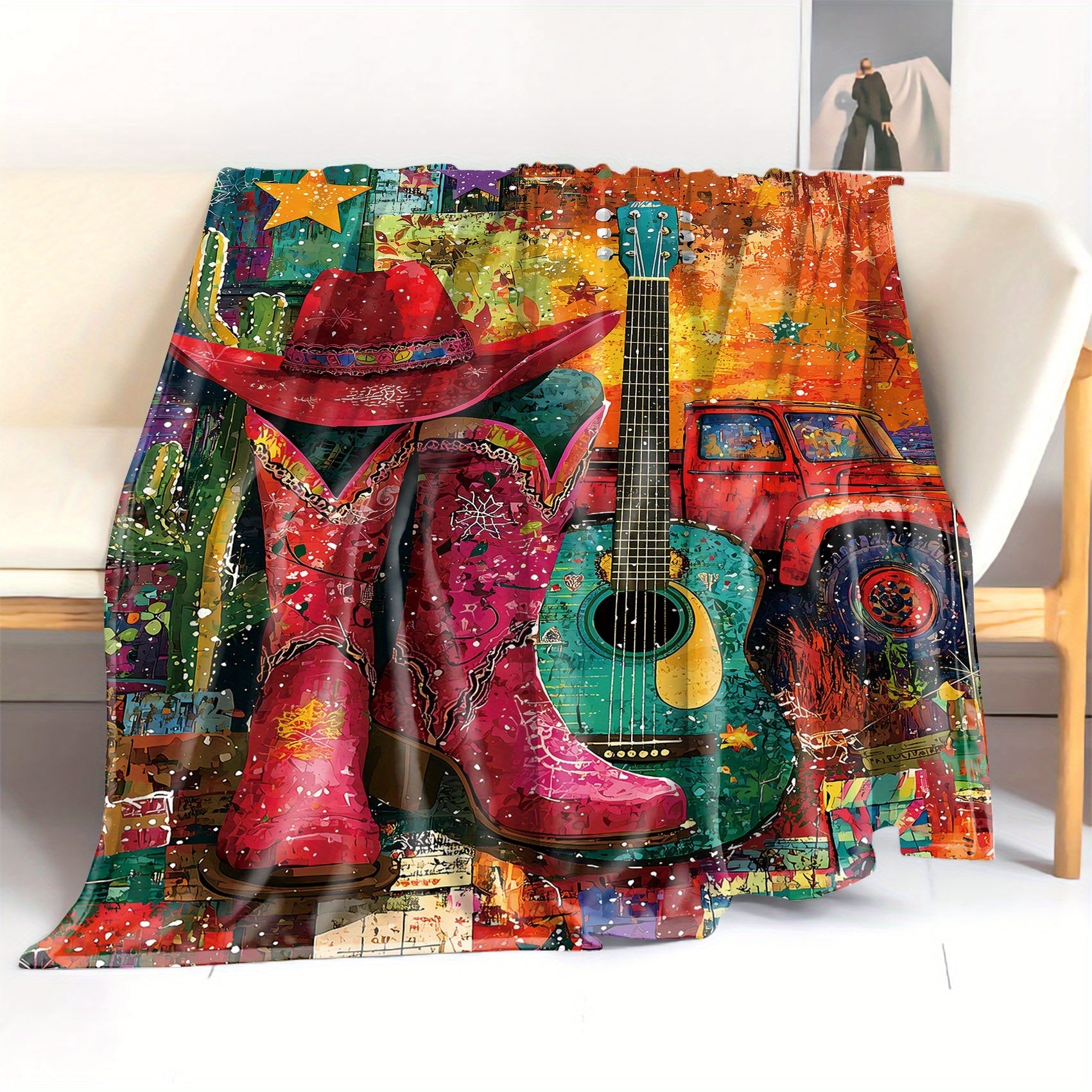 Flannel Throw Blanket with Western Cowboy Design Polyester Digital Print All-Season Cozy Bed Sofa Camping