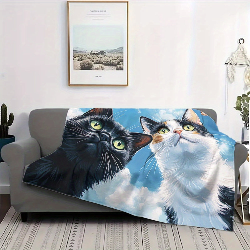 Cartoon Cat Print Flannel Throw Blanket Non-Allergenic Versatile Polyester Warm Nap Cover for Home and Gifting