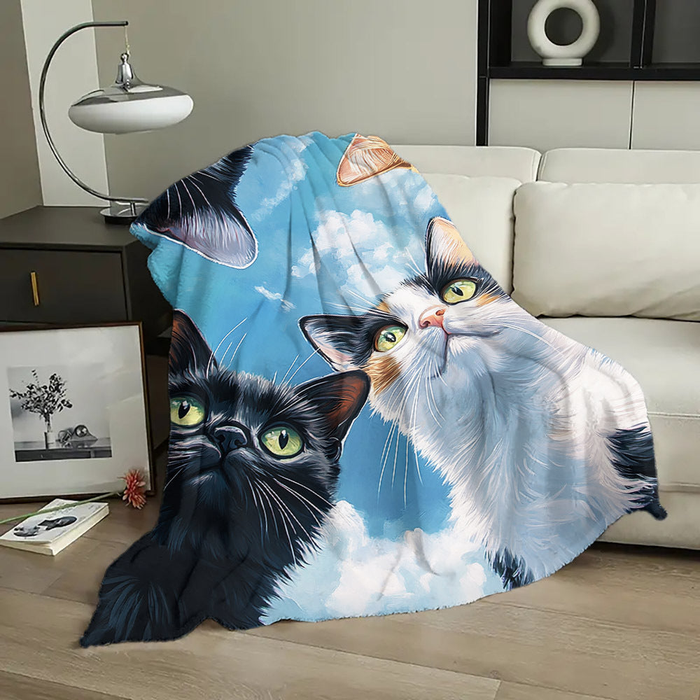 Cartoon Cat Print Flannel Throw Blanket Non-Allergenic Versatile Polyester Warm Nap Cover for Home and Gifting