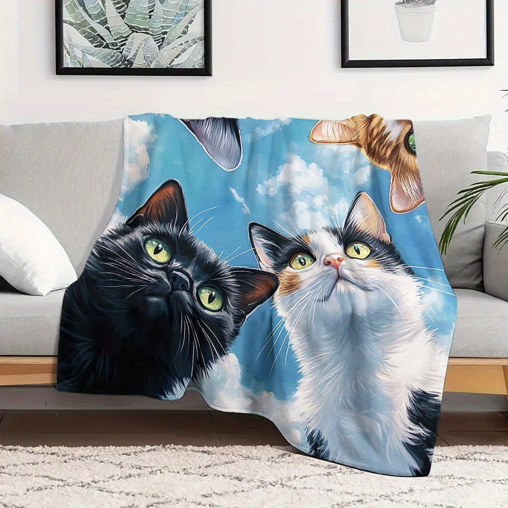 Cartoon Cat Print Flannel Throw Blanket Non-Allergenic Versatile Polyester Warm Nap Cover for Home and Gifting