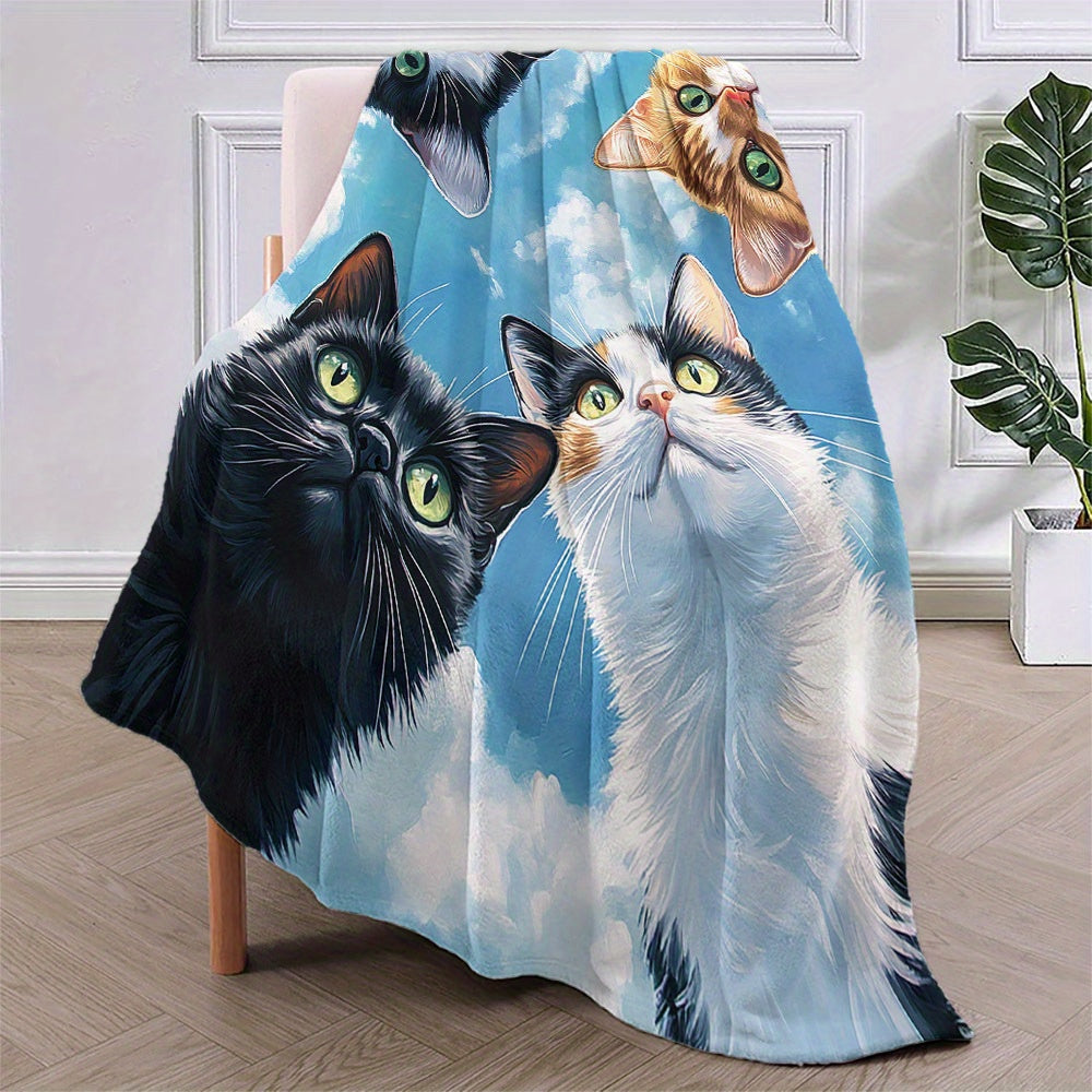Cartoon Cat Print Flannel Throw Blanket Non-Allergenic Versatile Polyester Warm Nap Cover for Home and Gifting