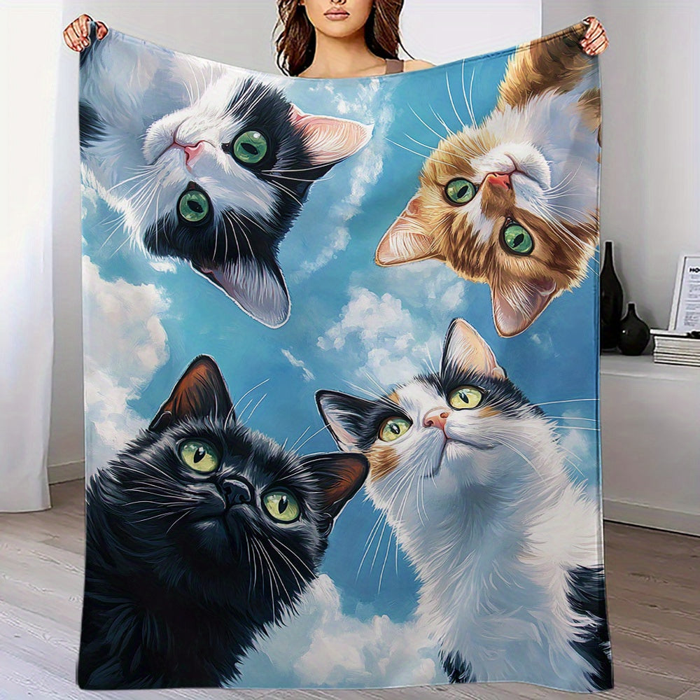 Cartoon Cat Print Flannel Throw Blanket Non-Allergenic Versatile Polyester Warm Nap Cover for Home and Gifting