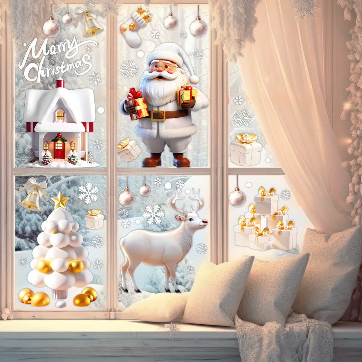 Set of 113 Christmas Window Clings Snowman Santa Holiday Static Stickers Reusable Glass Decals