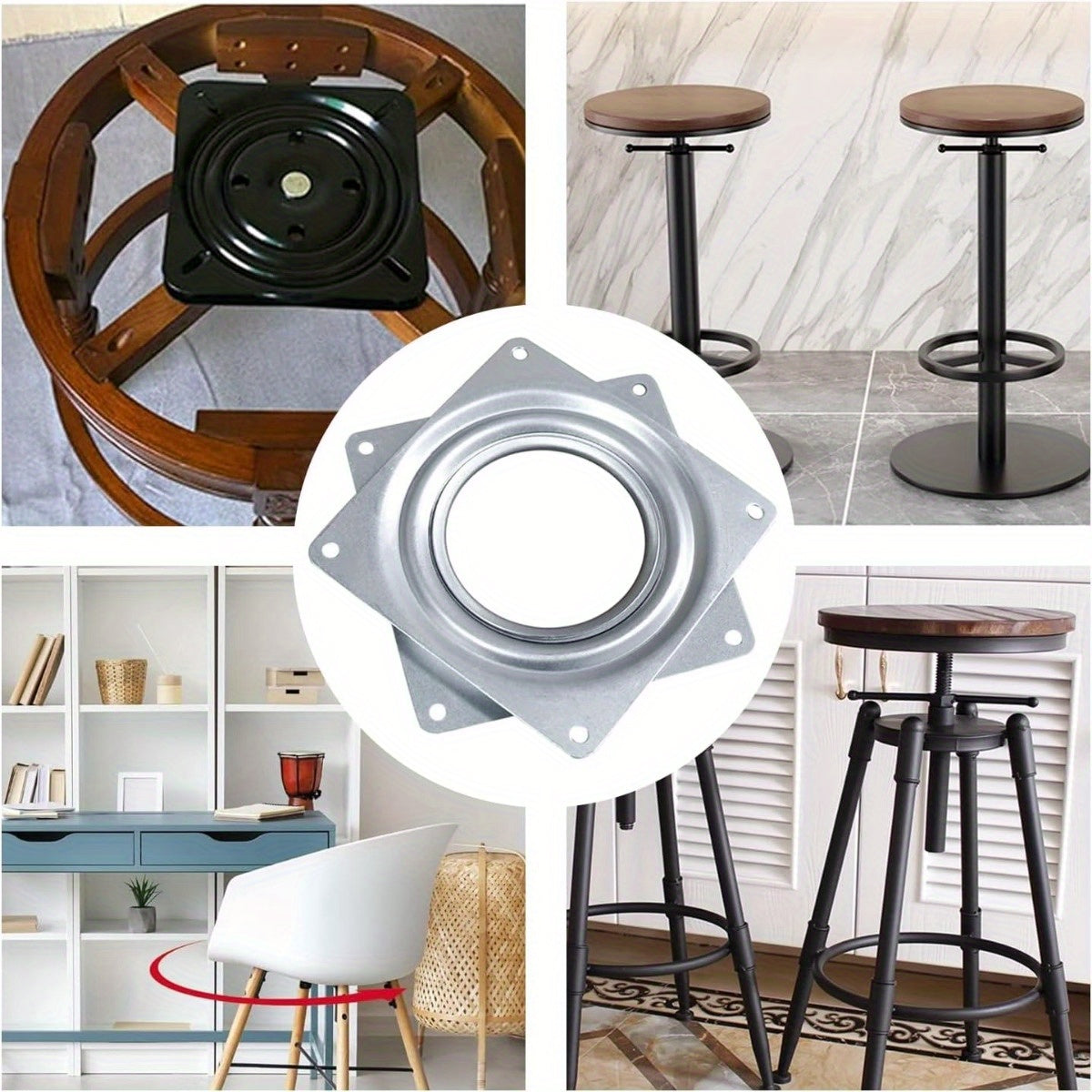 4 dyuym diametrli va 0.8 mm galvanizli qoplama bilan kvadrat aylanuvchi stend. Besh oltin aylanuvchi asos va 8 ta vint bilan birga keladi.