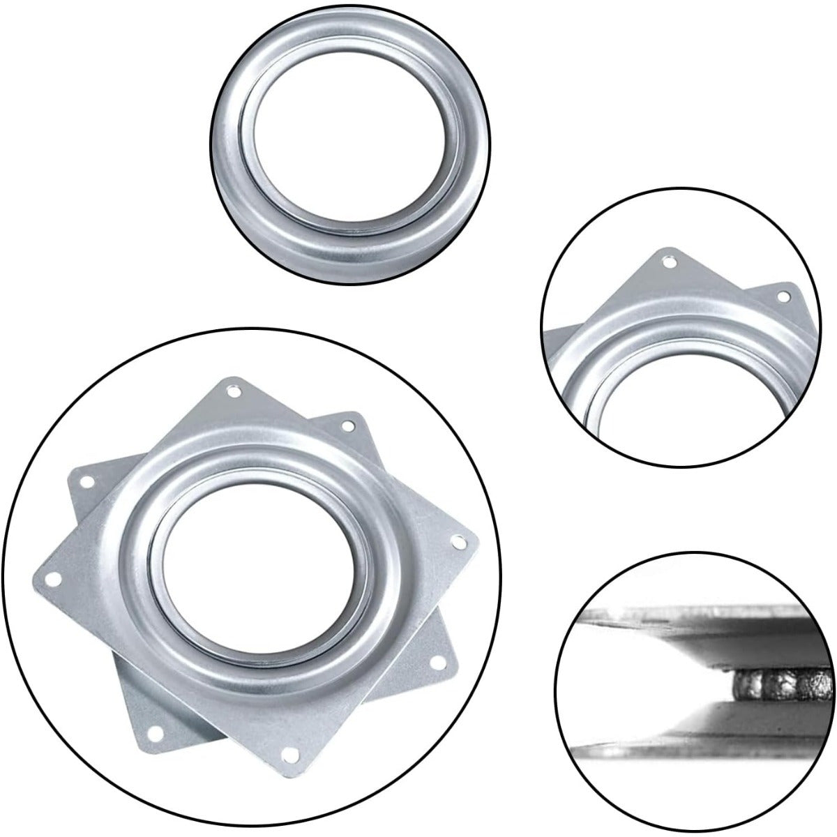 4 dyuym diametrli va 0.8 mm galvanizli qoplama bilan kvadrat aylanuvchi stend. Besh oltin aylanuvchi asos va 8 ta vint bilan birga keladi.