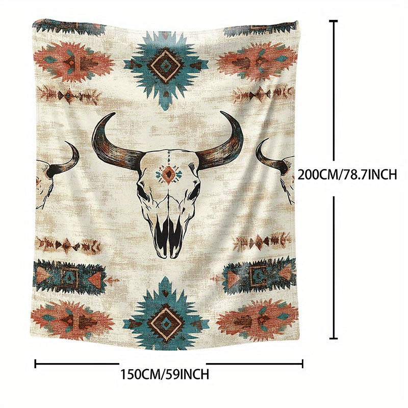 Knitted Polyester Throw Blanket with Cow Skull Print for Bed Sofa Camping All Seasons