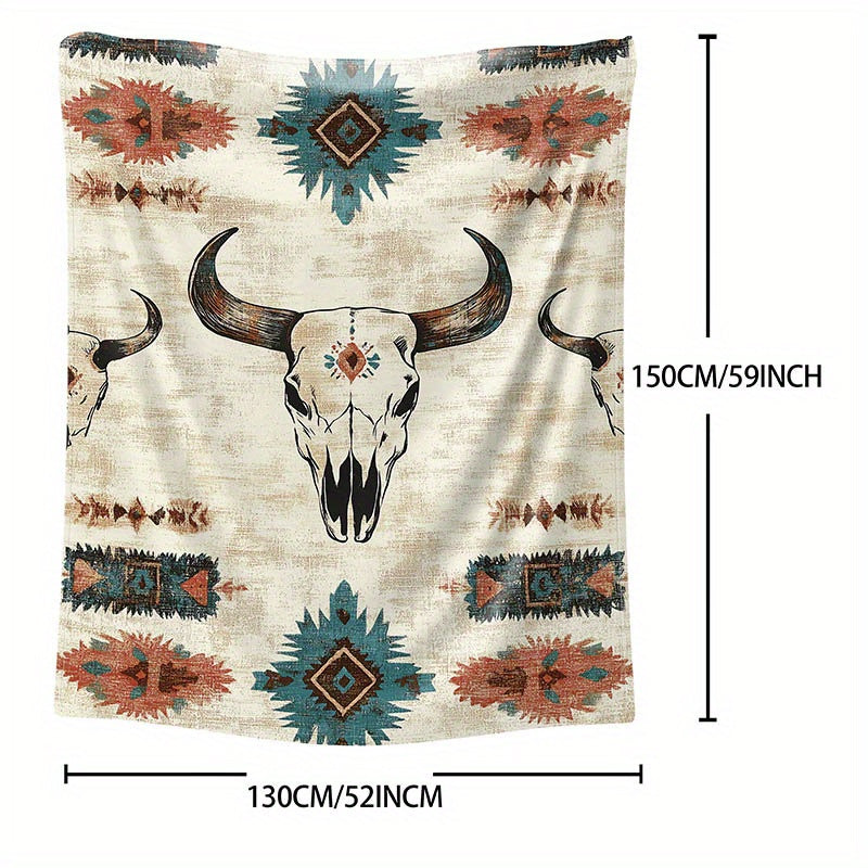 Knitted Polyester Throw Blanket with Cow Skull Print for Bed Sofa Camping All Seasons