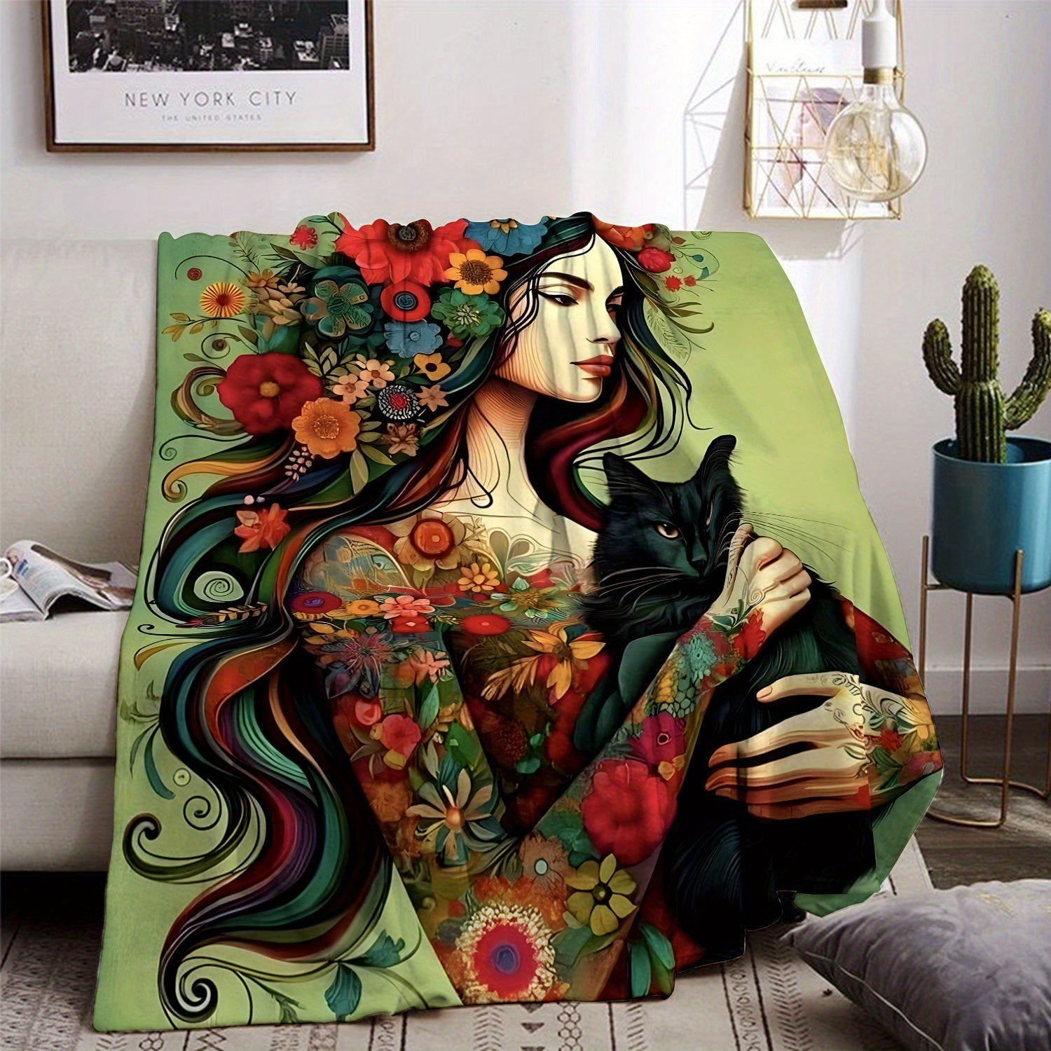 Flannel Throw Blanket with Floral Girl and Black Cat Print 70x100cm for Living Room Sofa Bed