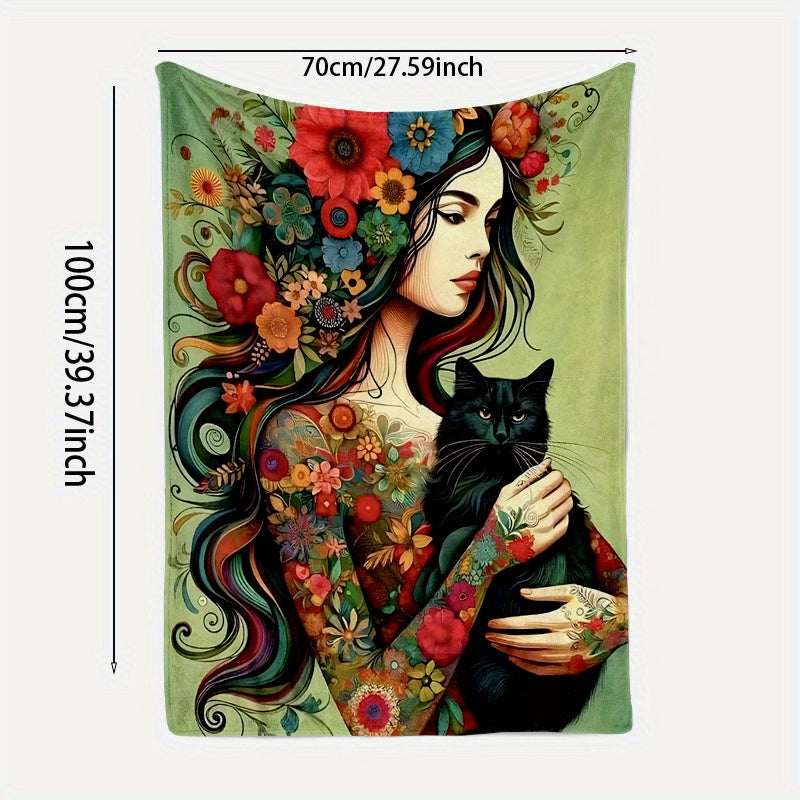 Flannel Throw Blanket with Floral Girl and Black Cat Print 70x100cm for Living Room Sofa Bed