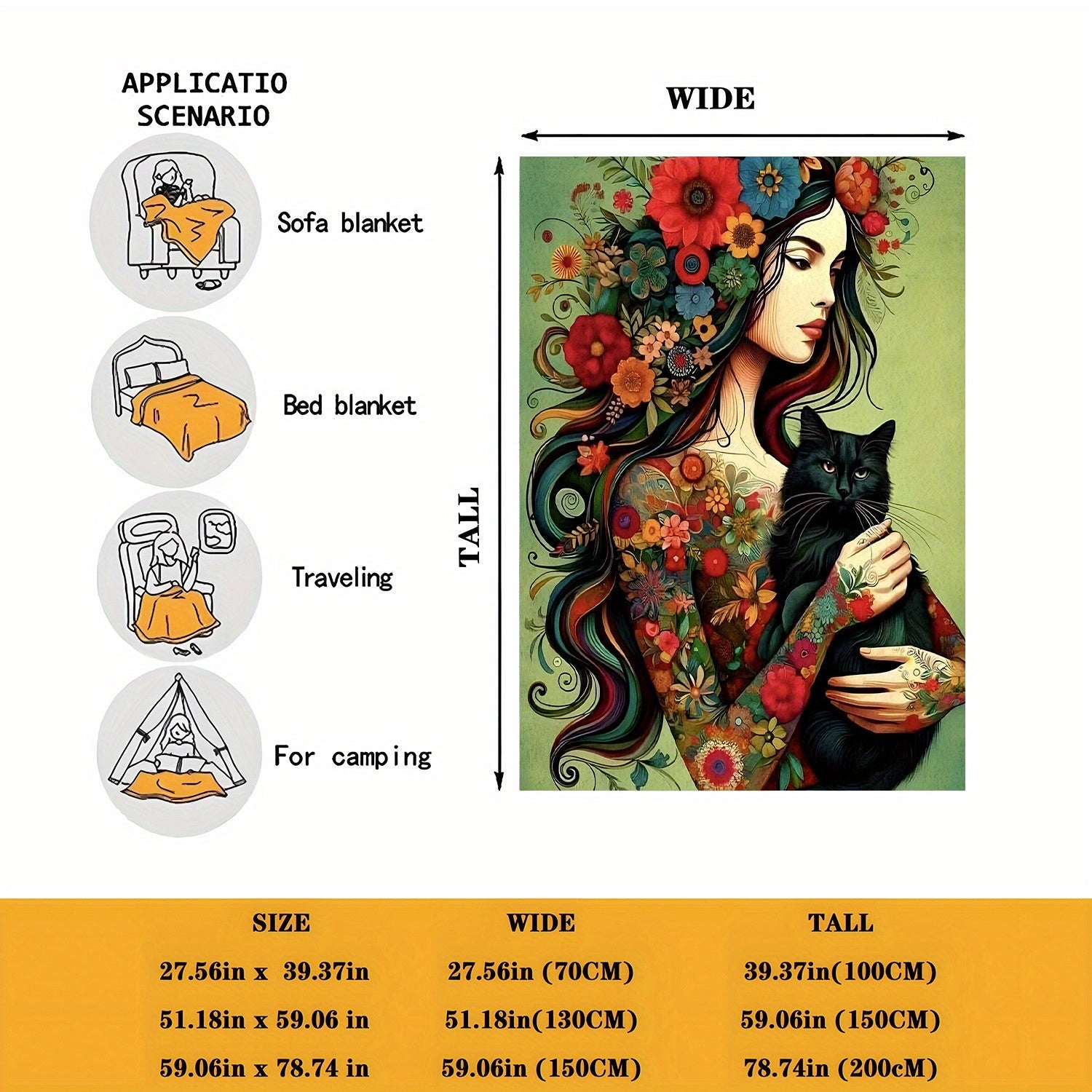 Flannel Throw Blanket with Floral Girl and Black Cat Print 70x100cm for Living Room Sofa Bed