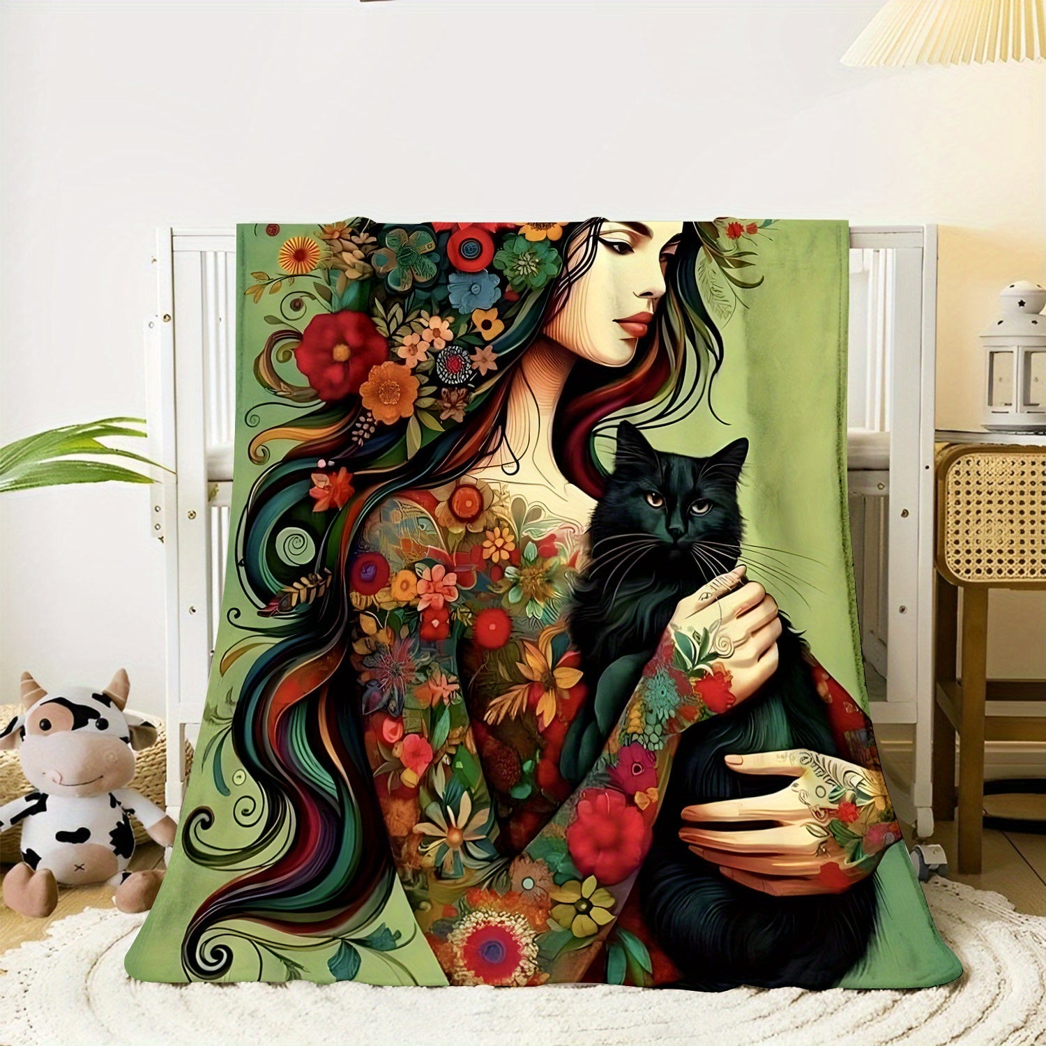 Flannel Throw Blanket with Floral Girl and Black Cat Print 70x100cm for Living Room Sofa Bed