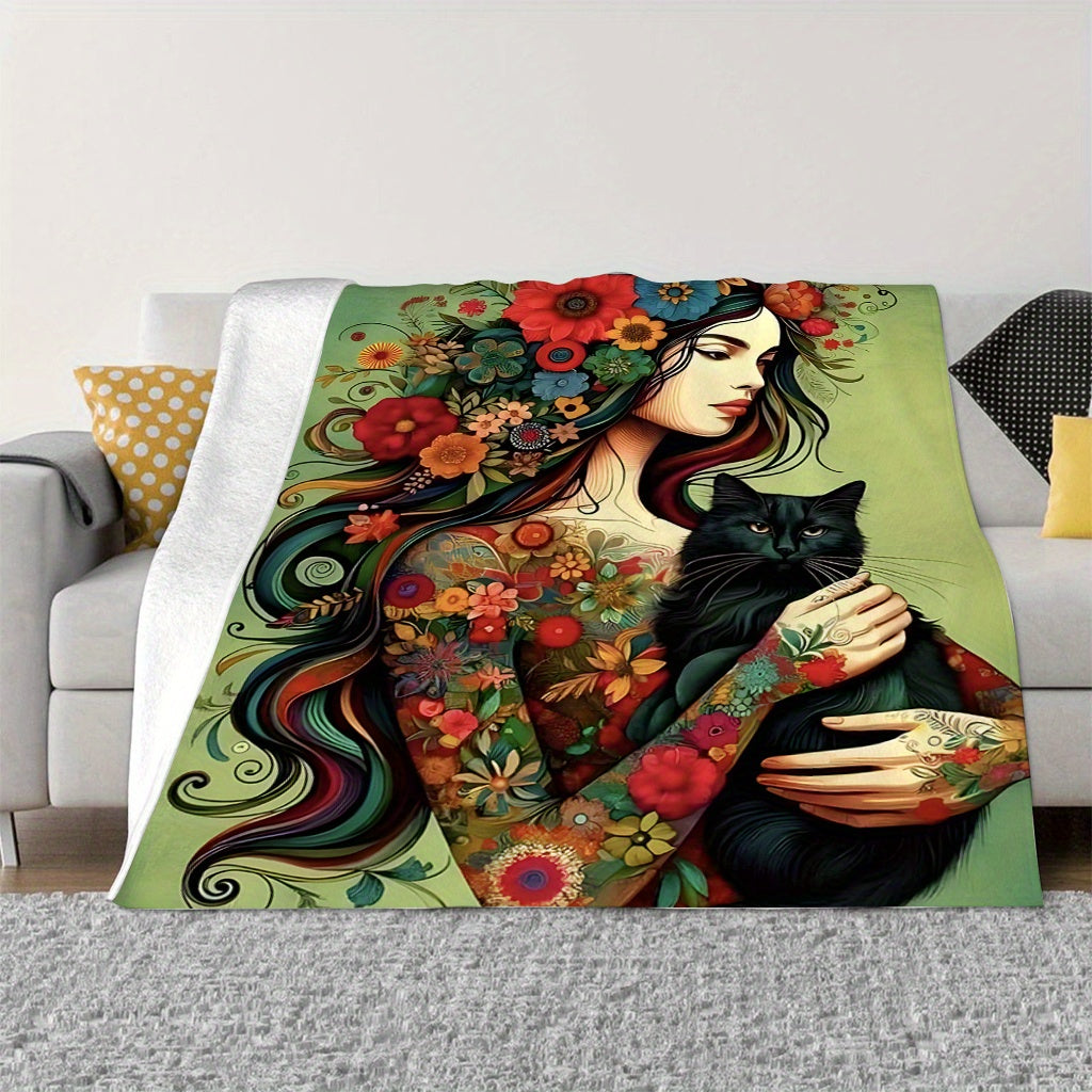 Flannel Throw Blanket with Floral Girl and Black Cat Print 70x100cm for Living Room Sofa Bed