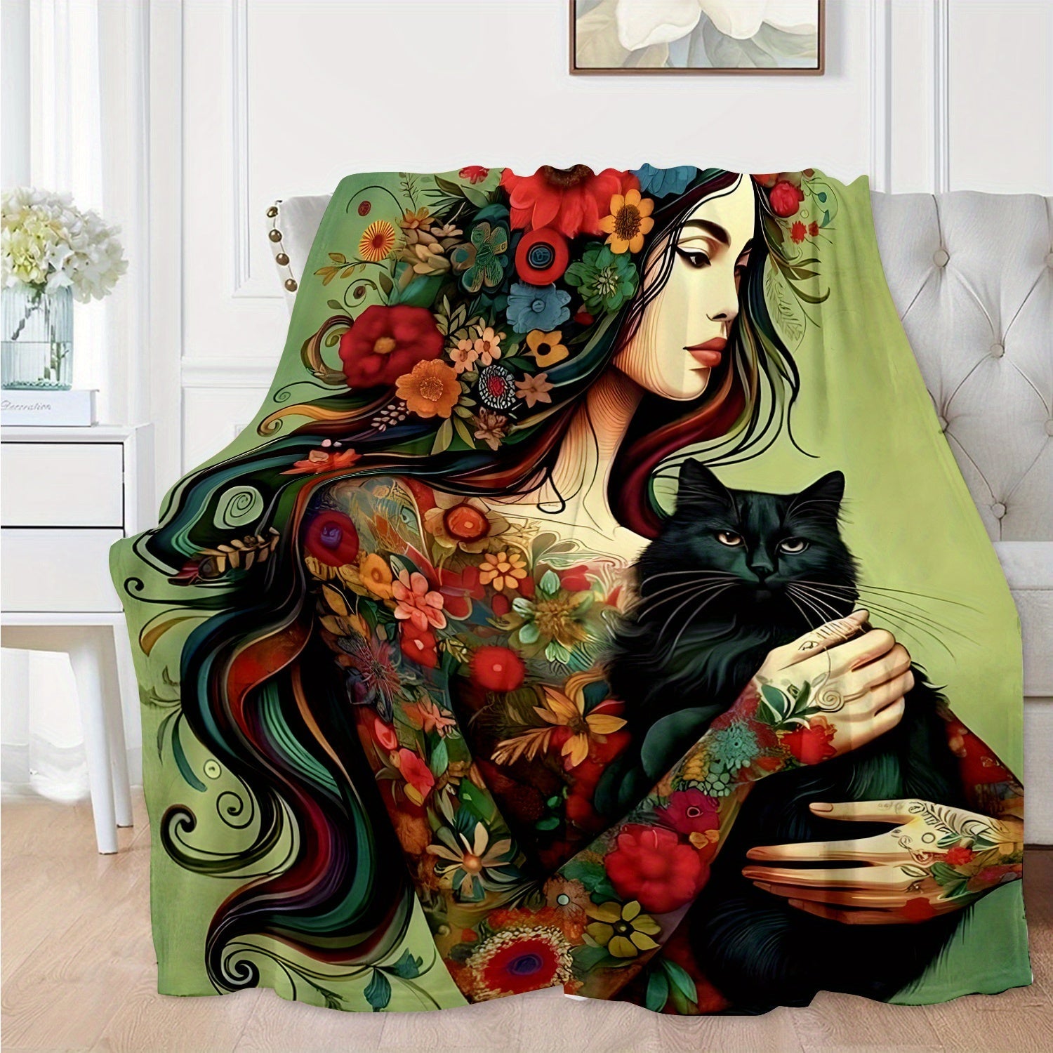 Flannel Throw Blanket with Floral Girl and Black Cat Print 70x100cm for Living Room Sofa Bed
