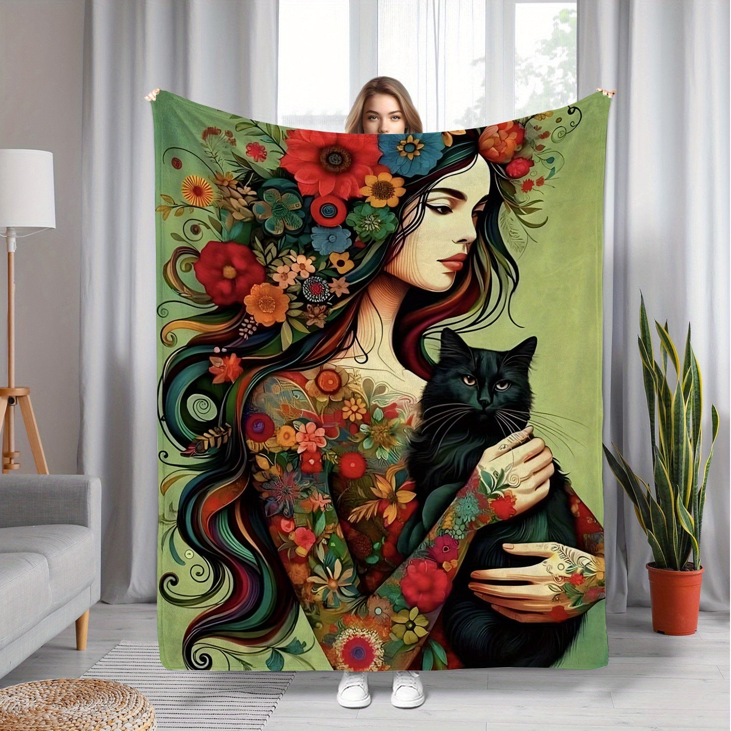 Flannel Throw Blanket with Floral Girl and Black Cat Print 70x100cm for Living Room Sofa Bed