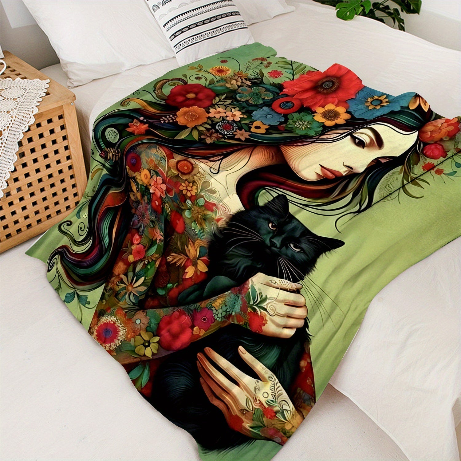 Flannel Throw Blanket with Floral Girl and Black Cat Print 70x100cm for Living Room Sofa Bed