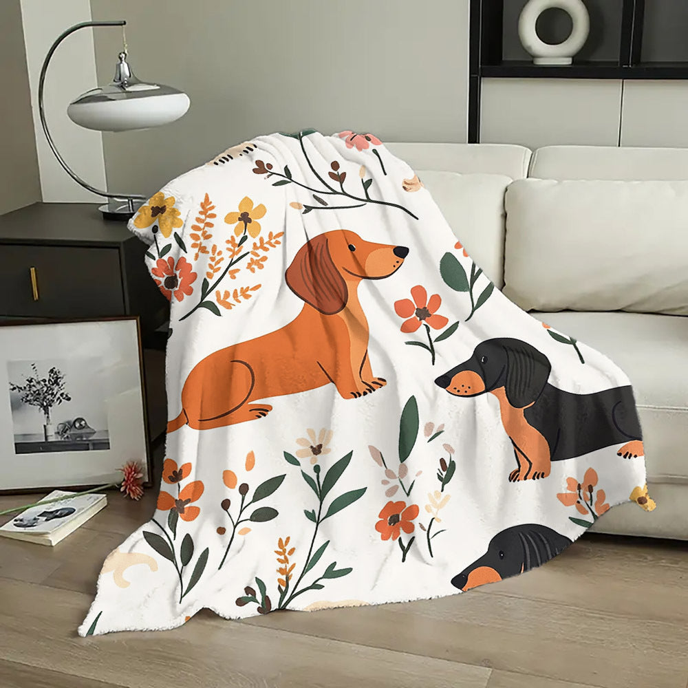 Multfilm Dachshund va Gul bosma bilan bezatilgan yengil qilingan, qulay dam olish uchun yostiqcha, yashash xonasi va oshxona uchun fleece tashlagan qoplam