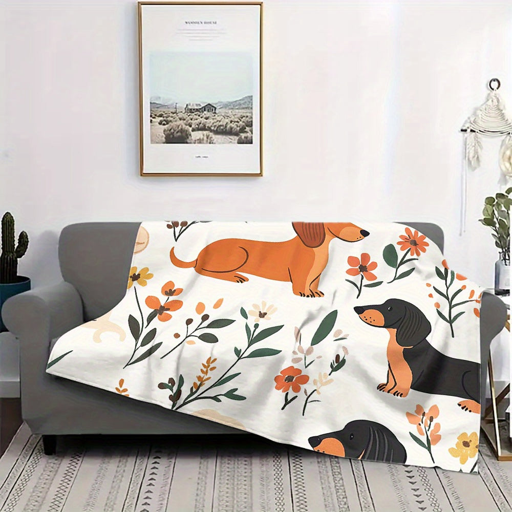 Multfilm Dachshund va Gul bosma bilan bezatilgan yengil qilingan, qulay dam olish uchun yostiqcha, yashash xonasi va oshxona uchun fleece tashlagan qoplam