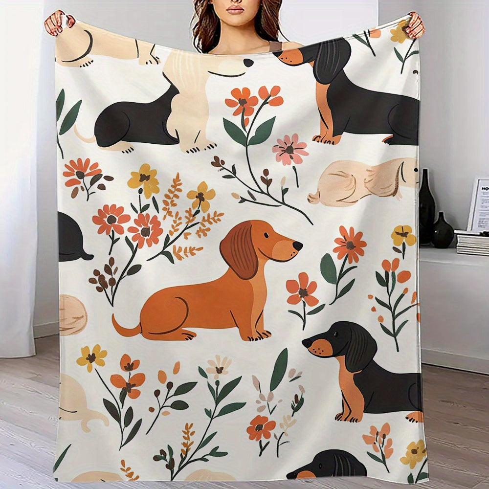 Multfilm Dachshund va Gul bosma bilan bezatilgan yengil qilingan, qulay dam olish uchun yostiqcha, yashash xonasi va oshxona uchun fleece tashlagan qoplam