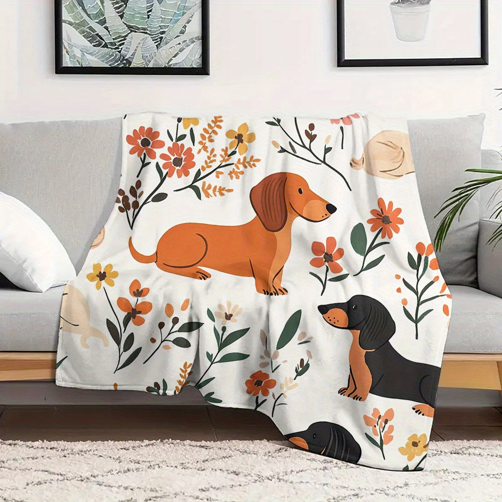 Multfilm Dachshund va Gul bosma bilan bezatilgan yengil qilingan, qulay dam olish uchun yostiqcha, yashash xonasi va oshxona uchun fleece tashlagan qoplam